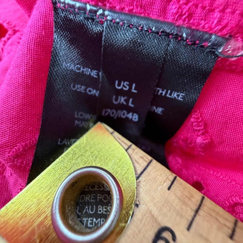 Anthropologie Hot Pink Eyelet Mini Dress Short Puff Sleeve Cotton Tiered Size L - Picture 7 of 13